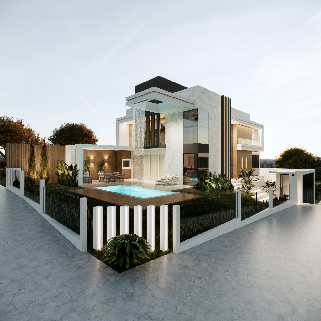 Contemporary villa with pool and garden, showcasing luxury and modern architecture in Brazil.